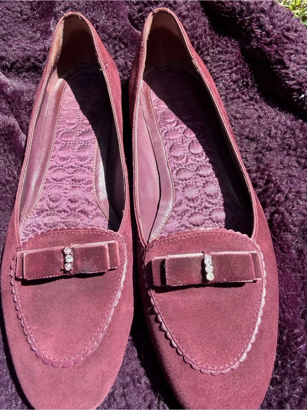 Coach Plum Suede Bow Loafers with Crystal Detail